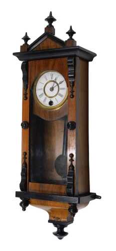 An early 20thC small sized walnut and ebonised Vienna style wall clock, with 8cm diameter Roman...