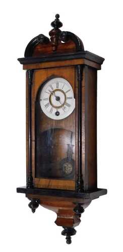 An early 20thC small sized walnut and ebonised Vienna style wall clock, with 8cm diameter Roman...