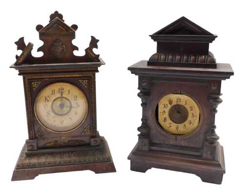 A late 19thC walnut cased mantel clock, with 8cm wide Arabic dial, and a further inlaid mantel...