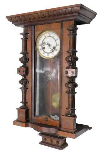 A late 19thC walnut cased Junghans Vienna wall clock, the 14cm diameter Roman numeric dial in a...