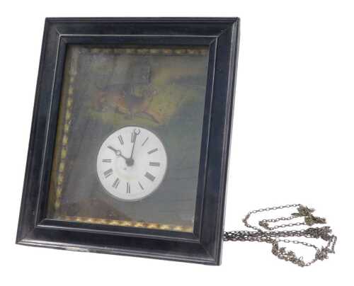 A 19thC Black Forest cuckoo clock, with reverse painted figure of fox and dog, the hinged door...