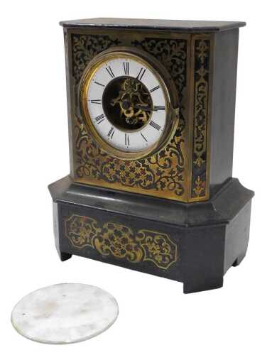 A 19thC Boulle mantel clock, with 11cm diameter Roman numeric dial and visible movement, in an...