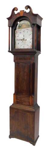 A 19thC mahogany longcase clock, the arched 32cm wide dial with Arabic numerals, subsidiary Arabic second hand and date aperture, signed W Richardson Nottingham, and a swan neck pedimented hood, above shaped trunk door, eight day movement, 225cm high. (AF