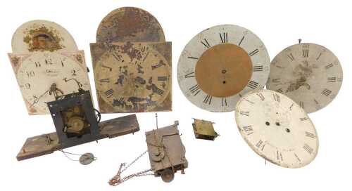 Various longcase clock dials, circular dials, part movements, 35cm diameter dial, etc. (a...