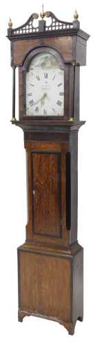 A 19thC oak and mahogany longcase clock, the 31cm painted arched dial signed Peter McGaw...