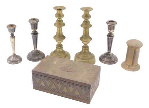 Various brassware, a pair of candlesticks of turned form, Bluebird Toffee's Harry Vincent...