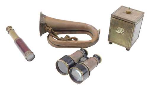 A 20thC copper bugle, 29cm wide, a pair of field binoculars, GR brass tea tin, a quantity of...