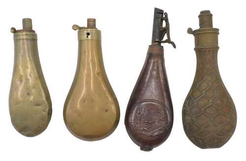 Four various shot and powder flasks, plain design, 18cm high, etc. (4, AF)