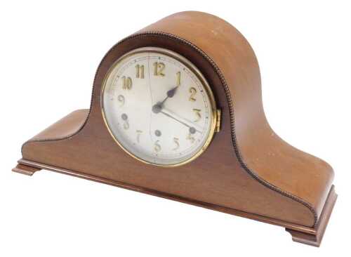 An early 20thC chiming oak cased Napoleon hat mantel clock, with 16cm diameter Arabic dial,...