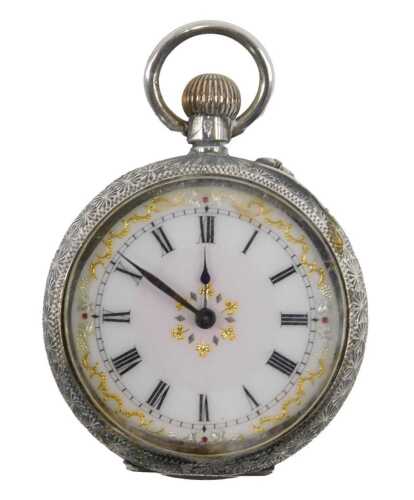 An early 20thC open faced fob watch, with fancy 3cm diameter Roman numeric dial, in a chased...