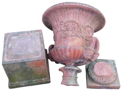 A Thomas Hope design terracotta garden urn, of campana form, with raised scroll and floral...