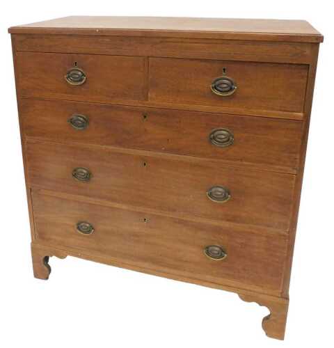 An early 19thC mahogany chest of two short and three long drawers, with oval plate back handles...