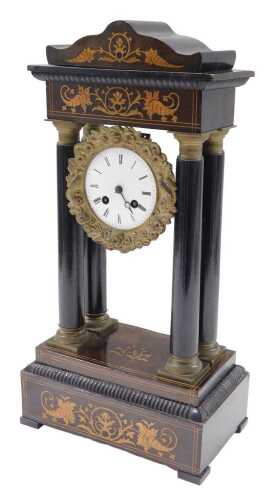 An 19thC French inlaid portico clock, the 10cm diameter enamel Roman numeric dial fronting an...