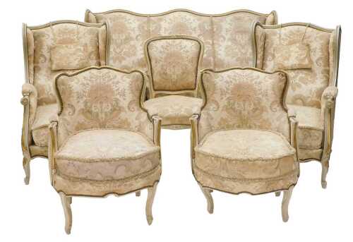 An associated late 20thC French salon suite, comprising three seater settee, and two similar...