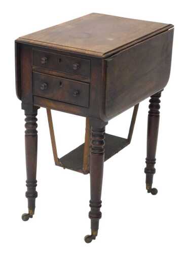 A 19thC mahogany drop leaf work table, of rectangular form with two frieze and two dummy drawers,...