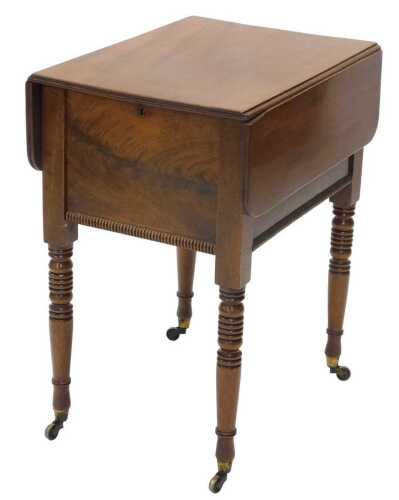 A 19thC mahogany and flame mahogany D end drop leaf Pembroke table, on turned legs with a lower...