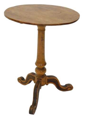 A 19thC mahogany tripod table, with plain circular top, on baluster stem terminating in scroll...