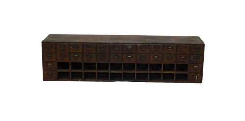A bank of 19thC oak library card drawers, with various drawers and openings, with metal fittings,...
