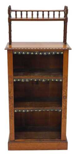 A late 19thC walnut open cabinet, with galleried shelf raised above three open shelves,...