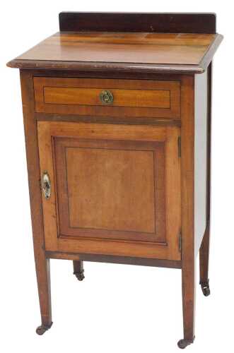 A late 19thC mahogany and ebony strung bedside cabinet, with frieze drawer above single cupboard,...