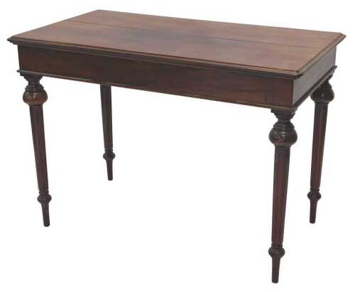 A 19thC mahogany side or library table, the oblong top raised on tapering cylindrical fluted...
