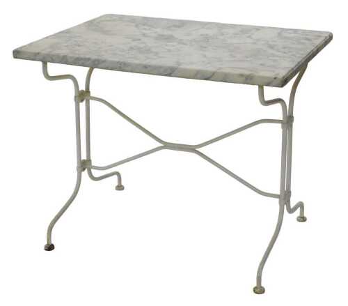 A wrought iron bistro or patio table, the rectangular marble top raised on a shaped iron stand,...