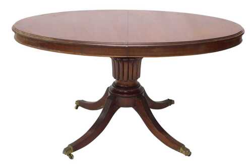 A 19thC mahogany extending dining table, the oval top and moulded outline, raised on a heavy...