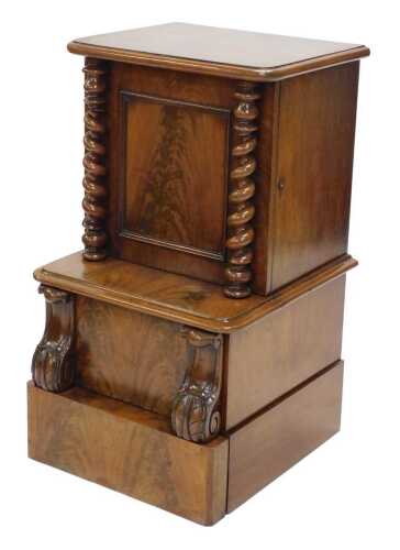 A late Victorian flame mahogany step commode, the fixed upper section with a panel flanked by...