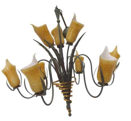 A Hollywood Regency style 1970s chandelier, with naturalistic entwined metal body and yellow...