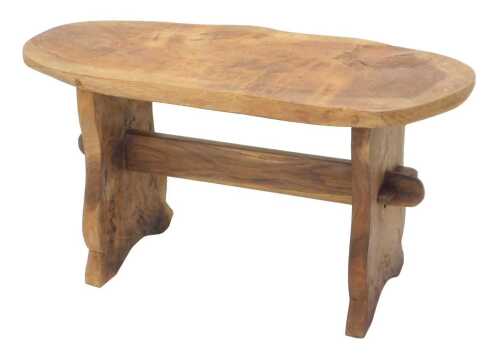 A rustic low table or bench, with shaped top, 40cm high, 74cm wide, 27cm deep.