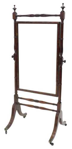 A mid-19thC mahogany cheval mirror, with urn finials, joined by a horizontal stretcher, with a...
