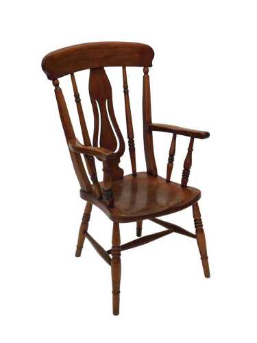 A 19thC ash and elm grandfather chair, with comb top, inverted pierced splat, shaped seat and...