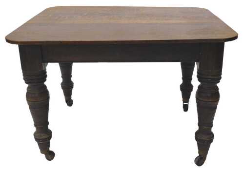 A 19thC oak dining table, with D end top, on heavy turned legs, terminating in castors, 75cm...