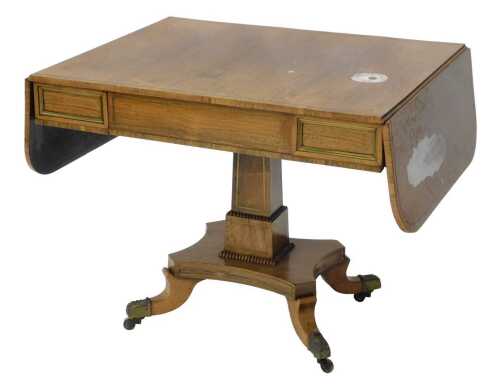 A Regency rosewood drop leaf sofa table, the oblong top raised above a frieze drawer on square...