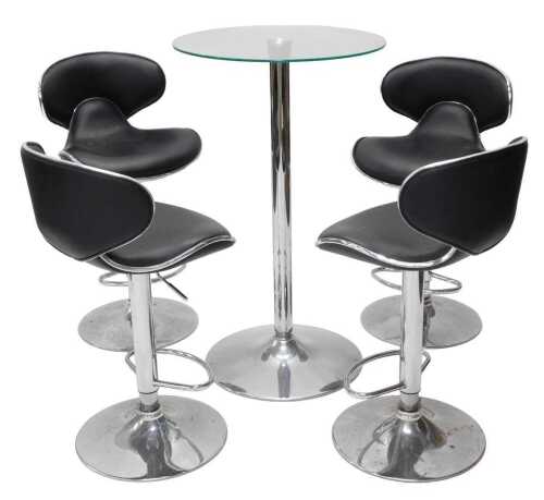 A glass topped bar table, on plain chrome stem and circular foot, 104cm high, 60cm diameter, and...