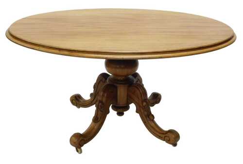 A Victorian dining or loo table, the oval top raised on a heavy stem with compressed orb section,...