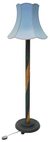 A heavily carved standard lamp, with blue shade and modern electrical fitting. WARNING! This lot...