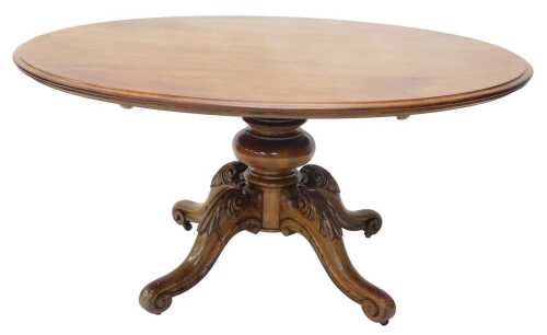 A Victorian mahogany oval dining table, on heavy compressed column, terminating in acanthus...