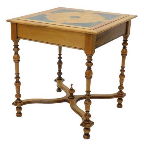 A Queen Anne revival games table, the baize lined square top raised on turned cylindrical legs,...