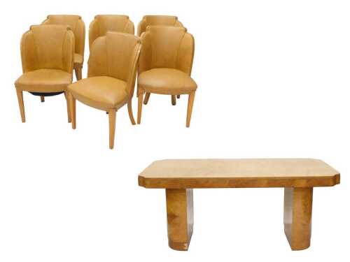 A fine H&L Epstein Art Deco dining room suite, comprising shaped glass topped table, on two D...