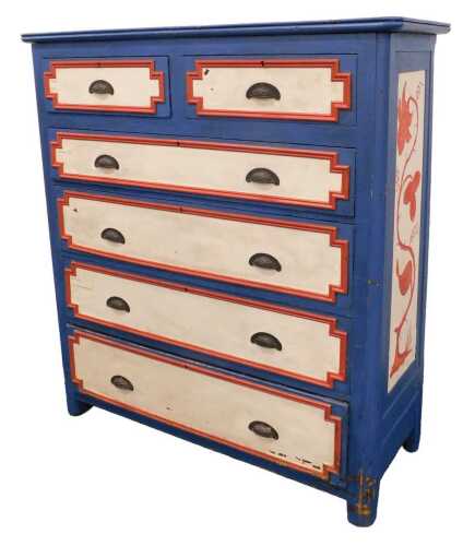 A large late 19thC chest of two short and four long drawers, painted in blue, pink and cream,...