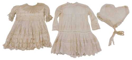 Various Victorian children's worked linen, undershirts, bonnet, etc., 38cm high, etc.