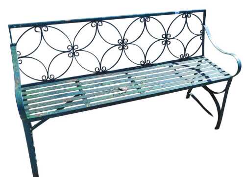 A 20thC wrought iron garden bench, in green, with scroll back and slatted seat, on shaped legs...