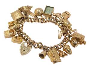 A 9ct gold charm bracelet, the double curb link bracelet with a heart shaped padlock and safety...