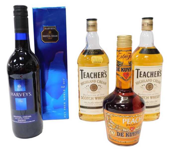 Alcohol, comprising two bottles of Teacher's Scotch whisky, 70cl, peach brandy, 50cl, and...