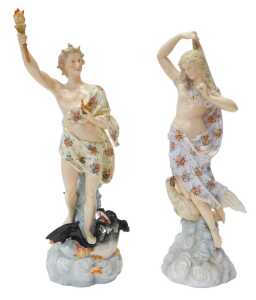 A pair of late 19thC Continental porcelain figures, modelled as Hebe beside a raven, and...
