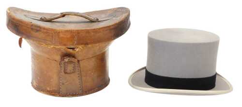 A Wood Row Piccadilly London grey felt top hat, contained in a leather hat box.