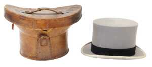 A Wood Row Piccadilly London grey felt top hat, contained in a leather hat box.