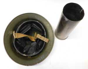A World War II green-painted Brodie helmet, dated to the interior 1941 and numbered BMBN66,... - 2