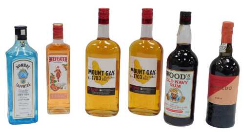 Alcohol, to include Bombay Sapphire, Mount Gay rum, Beefeater peach and raspberry gin, etc. (6)